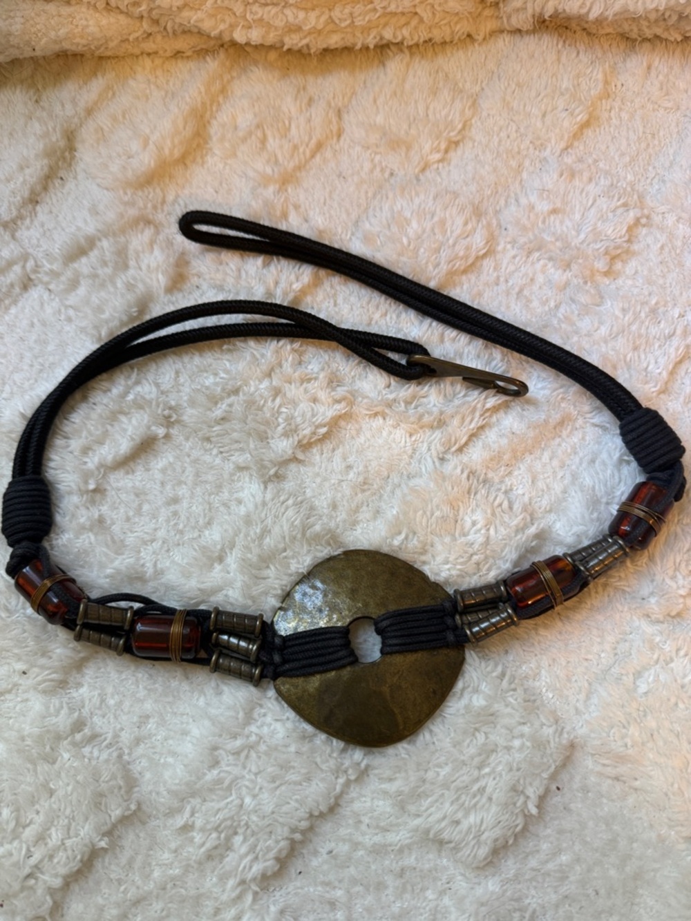 Black Cord Belt with Brass Disc and Amber Beads